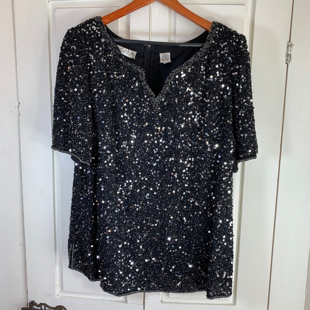 SCALA Black Beaded‎ Sequin V Neck Short Sleeve Evening Top Blouse Plus Size 2X